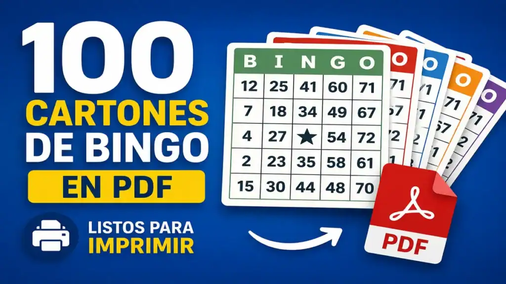 Diferencia entre cartones físicos y bingo virtual Actualmente muchas personas combinan cartones físicos con herramientas digitales para mejorar la experiencia del juego. Los cartones físicos siguen siendo ideales para: reuniones familiares actividades presenciales eventos comunitarios colegios iglesias Mientras tanto, el bingo virtual facilita: control automático visualización de números validación de resultados participación remota Por eso, muchas personas utilizan nuestros cartones PDF junto con el tablero virtual disponible en nuestra plataforma. ¿Por qué los cartones PDF siguen siendo tan populares? Aunque hoy existen aplicaciones y sistemas digitales, los cartones imprimibles siguen siendo extremadamente populares porque son: económicos fáciles de usar accesibles rápidos de imprimir compatibles con cualquier impresora ideales para personas mayores Además, muchas personas prefieren marcar físicamente los números mientras juegan, ya que esto hace la experiencia mucho más entretenida. Recomendaciones para ahorrar papel y tinta Si vas a organizar un evento grande, estos consejos pueden ayudarte muchísimo. Imprime en modo borrador Reduce considerablemente el consumo de tinta. Usa papel reciclado Especialmente en actividades comunitarias. Organiza varios cartones por hoja Esto permite reducir costos. Guarda siempre una copia digital Así podrás reutilizar el archivo en futuros eventos. Otros cartones de bingo que te pueden interesar Si necesitas más opciones, también puedes visitar: 50 cartones de bingo PDF 200 cartones de bingo PDF 500 cartones de bingo PDF 1000 cartones de bingo PDF 2000 cartones de bingo PDF Cartones de bingo para iglesias Cartones de bingo infantiles Cartones premium para eventos Cartones navideños Además, puedes utilizar nuestro generador online de cartones de bingo para crear combinaciones personalizadas. Preguntas frecuentes sobre los cartones de bingo PDF ¿Los cartones son realmente gratuitos? Sí. Puedes descargarlos y utilizarlos gratuitamente en tus actividades personales o comunitarias. ¿Necesito instalar programas? No. Solamente necesitas un lector PDF. ¿Puedo imprimir desde el celular? Sí. El archivo es compatible con dispositivos móviles. ¿Los 100 cartones son diferentes? Sí. Los cartones contienen combinaciones distintas. ¿Puedo usar estos cartones en un bingo empresarial? Claro. Son ideales para eventos corporativos y actividades de integración. ¿Funcionan para iglesias y colegios? Sí. Son ampliamente utilizados en actividades escolares y congregaciones. Conclusión Los cartones de bingo PDF siguen siendo una de las formas más rápidas, económicas y prácticas de organizar actividades recreativas, familiares y empresariales. Gracias a este paquete de 100 cartones de bingo PDF gratis para imprimir, ahora puedes ahorrar tiempo, reducir complicaciones y comenzar tu evento en pocos minutos. En Juega Bingo Gratis seguimos trabajando para ofrecer herramientas sencillas, gratuitas y fáciles de utilizar para todo tipo de actividades. Si deseas organizar un bingo aún más completo, también puedes utilizar nuestro tablero virtual, generador automático y demás herramientas disponibles en la plataforma. Porque organizar un bingo divertido no debería ser complicado. 100 cartones de BINGO listos para imprimir