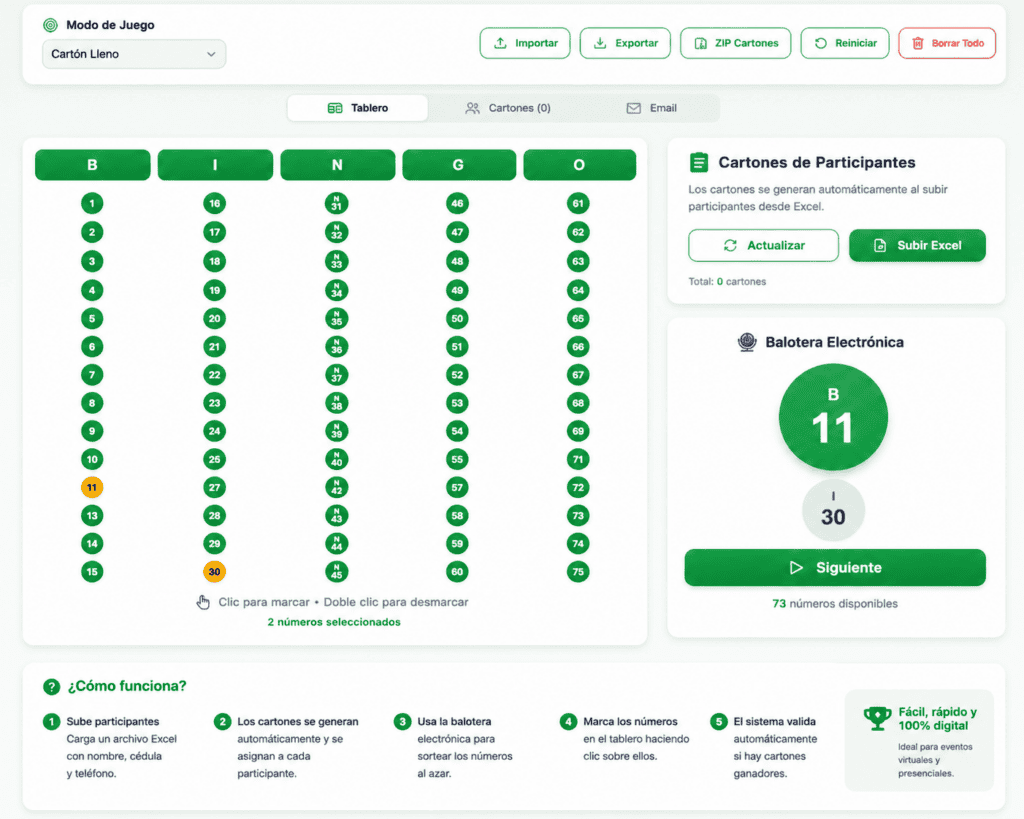 Nuestro tablero virtual de Bingo Online