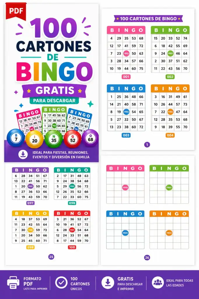 100 cartones de Bingo Listos para imprimir