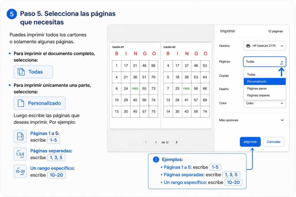 seleccionar paginas de Bingo para imprimir
